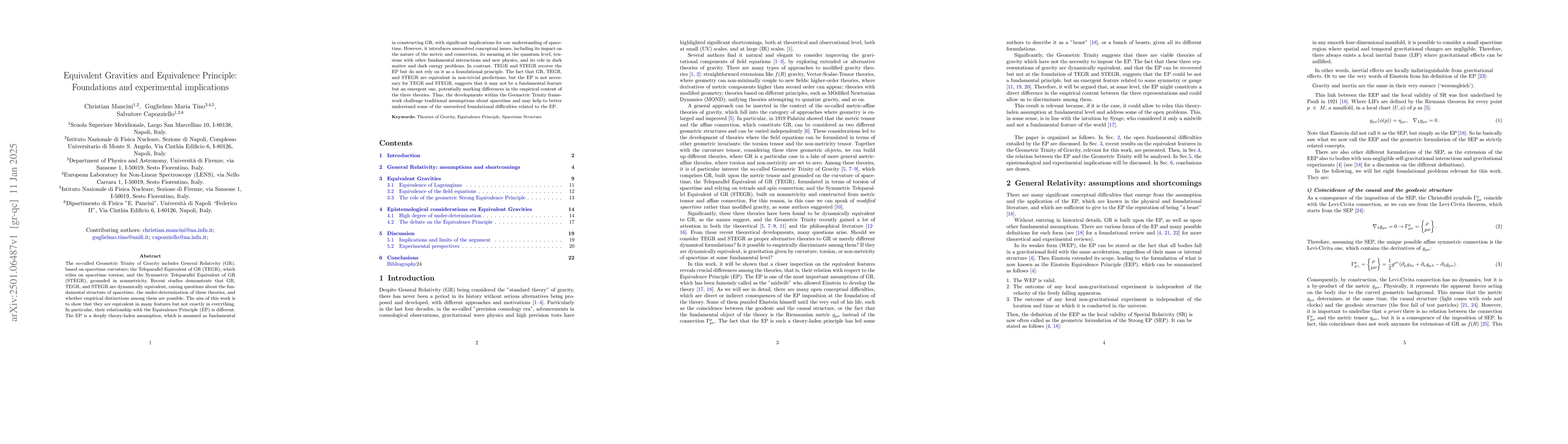 Thumbnail for Equivalent Gravities and Equivalence Principle: Foundations and
  experimental implications