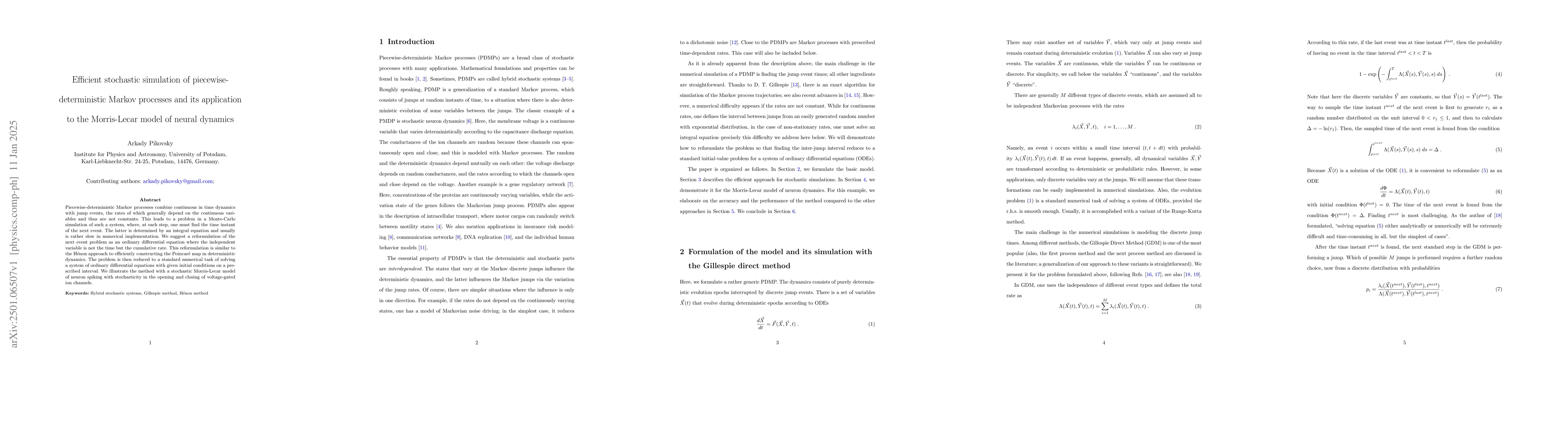 Thumbnail for Efficient stochastic simulation of piecewise-deterministic Markov
  processes and its application to the Morris-Lecar model of neural dynamics