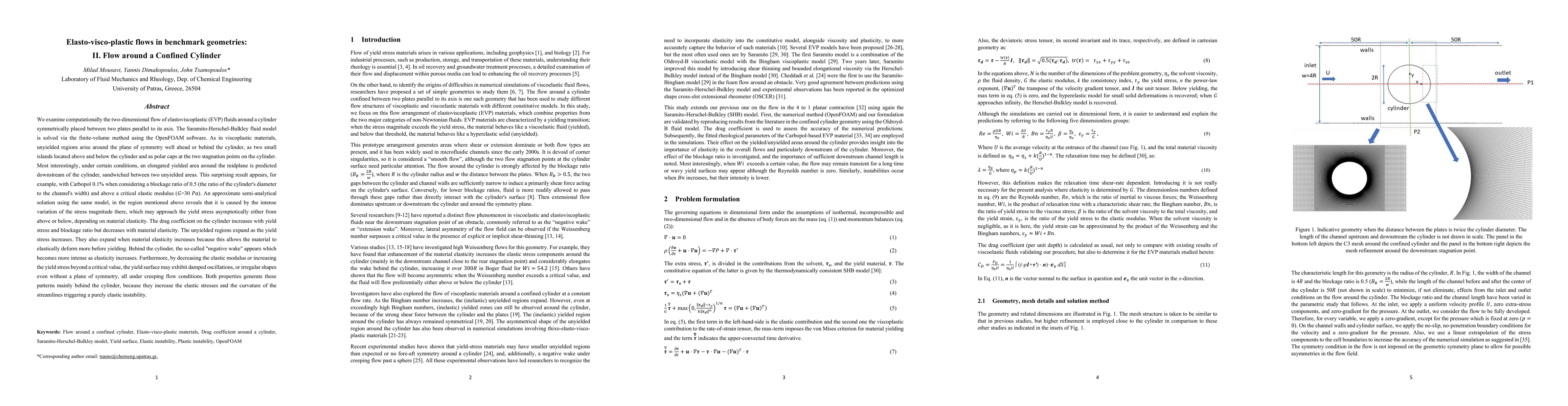 Thumbnail for Elasto-visco-plastic flows in benchmark geometries: II. Flow around a
  Confined Cylinder
