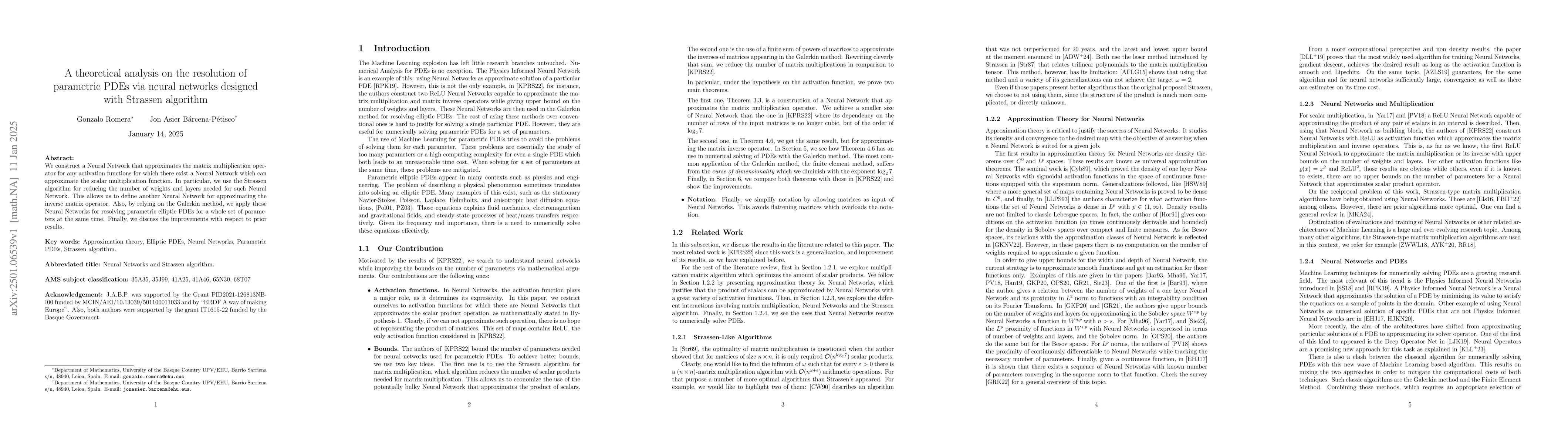 Thumbnail for A theoretical analysis on the resolution of parametric PDEs via neural
  networks designed with Strassen algorithm