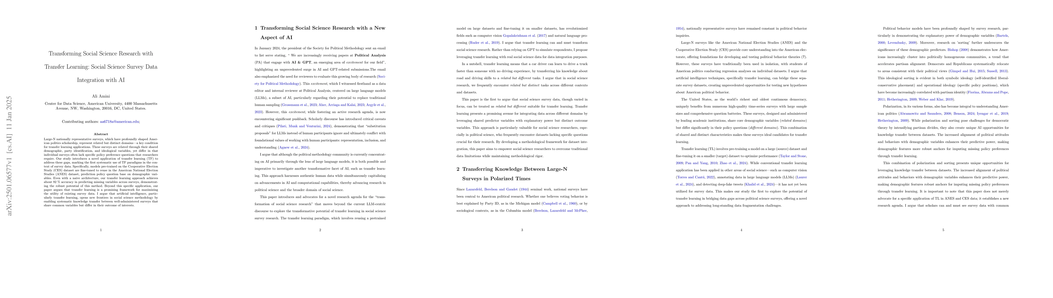 Thumbnail for Transforming Social Science Research with Transfer Learning: Social
  Science Survey Data Integration with AI
