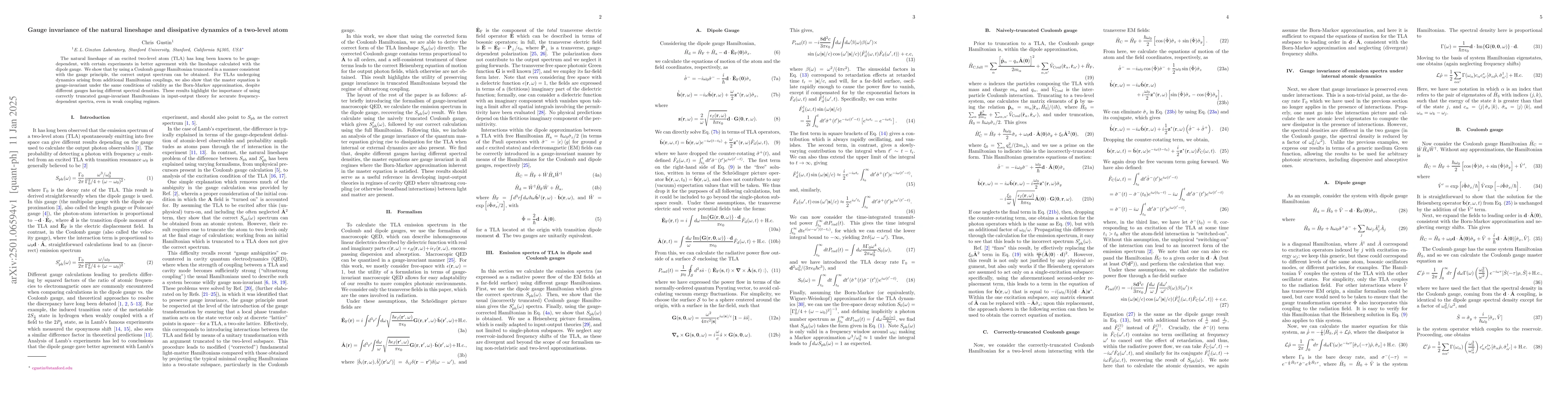 Thumbnail for Gauge invariance of the natural lineshape and dissipative dynamics of a
  two-level atom