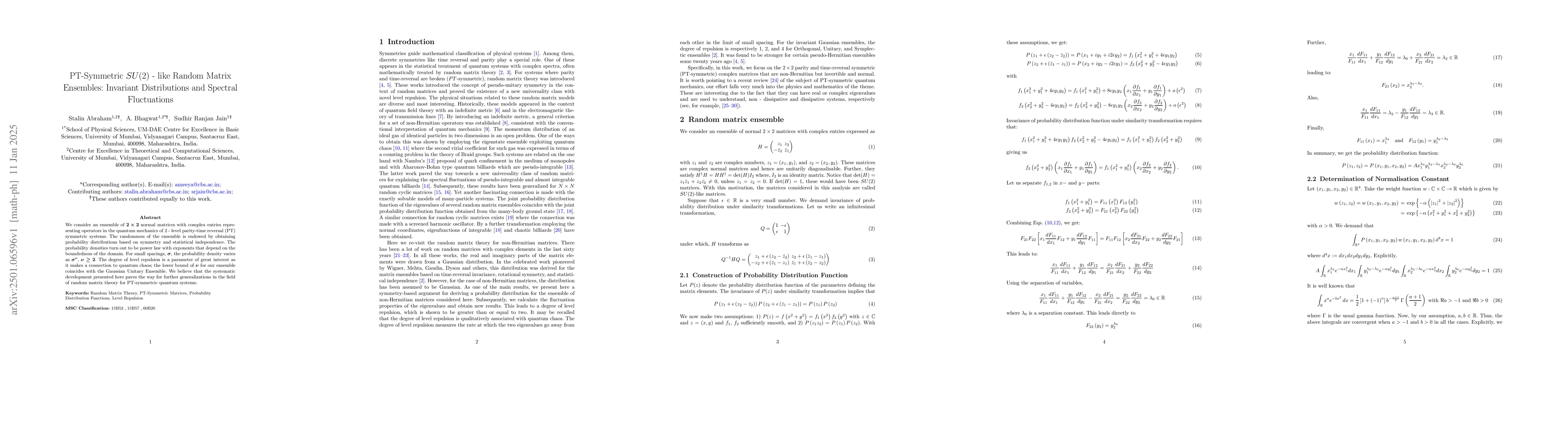 Thumbnail for PT-Symmetric $SU(2)$-like Random Matrix Ensembles: Invariant
  Distributions and Spectral Fluctuations