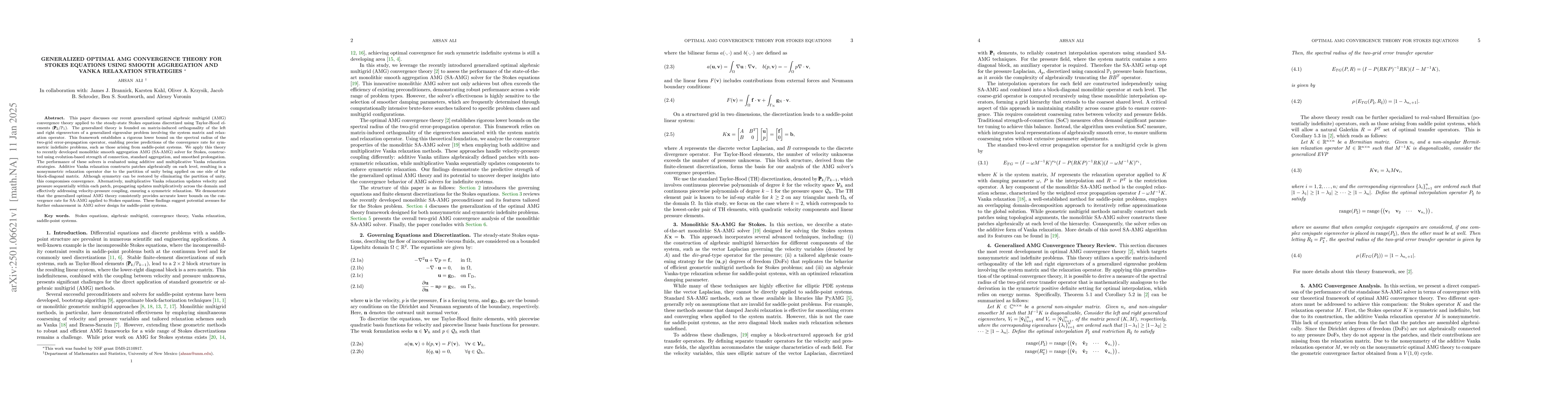 Thumbnail for Generalized Optimal AMG Convergence Theory for Stokes Equations Using
  Smooth Aggregation and Vanka Relaxation Strategies