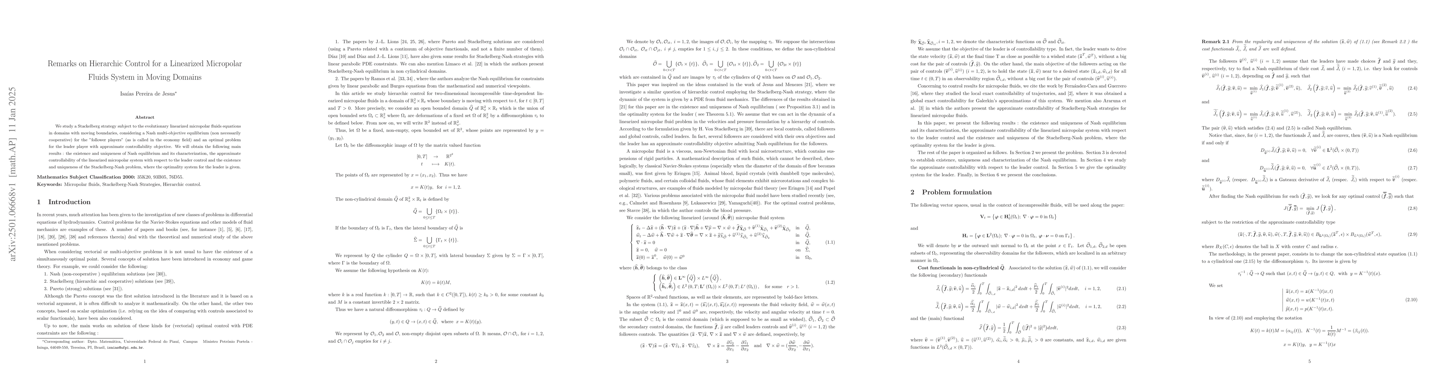 Thumbnail for Remarks on Hierarchic Control for a Linearized Micropolar Fluids System
  in Moving Domains