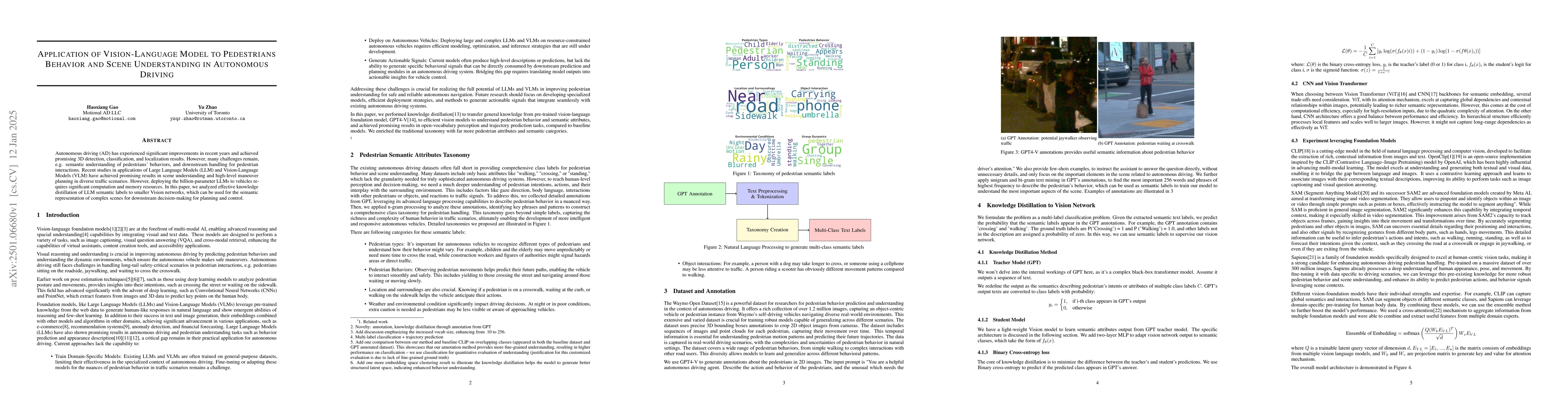 Thumbnail for Application of Vision-Language Model to Pedestrians Behavior and Scene
  Understanding in Autonomous Driving