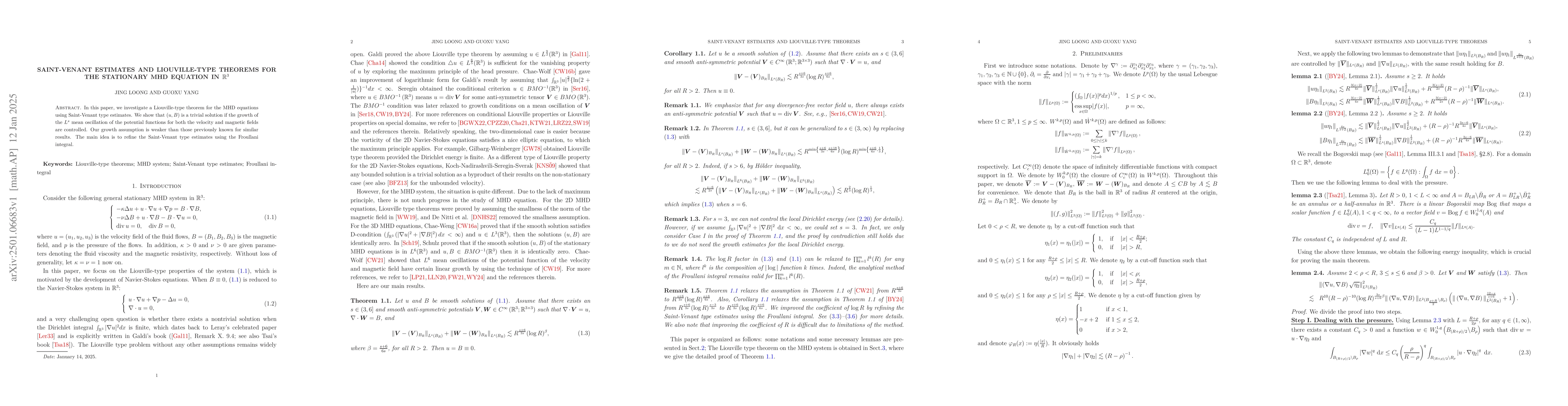 Thumbnail for Saint-Venant Estimates and Liouville-Type Theorems for the Stationary
  MHD Equation in $\mathbb{R}^3$