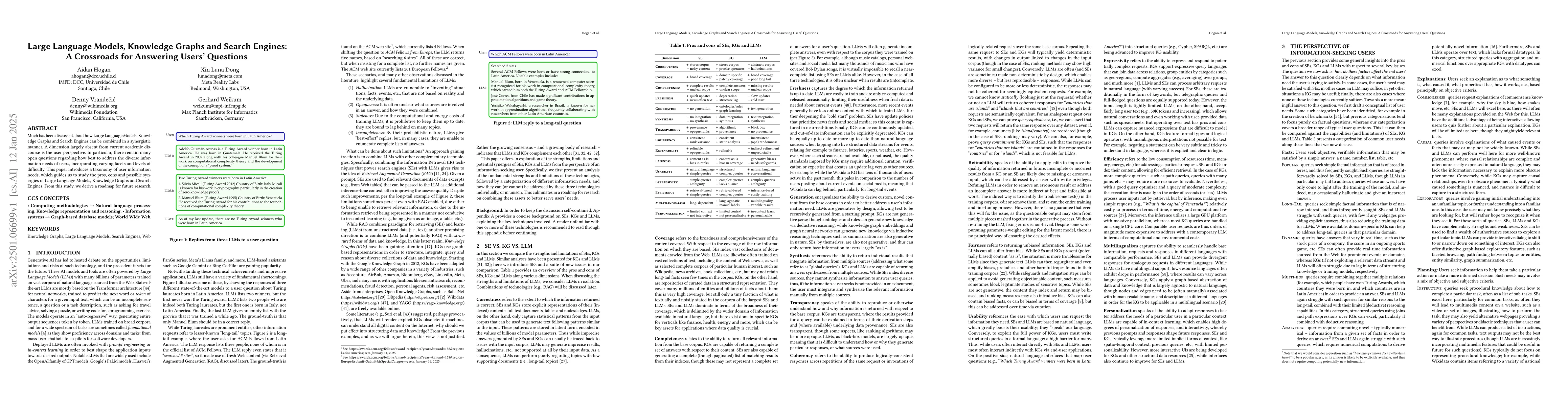 Thumbnail for Large Language Models, Knowledge Graphs and Search Engines: A Crossroads
  for Answering Users' Questions