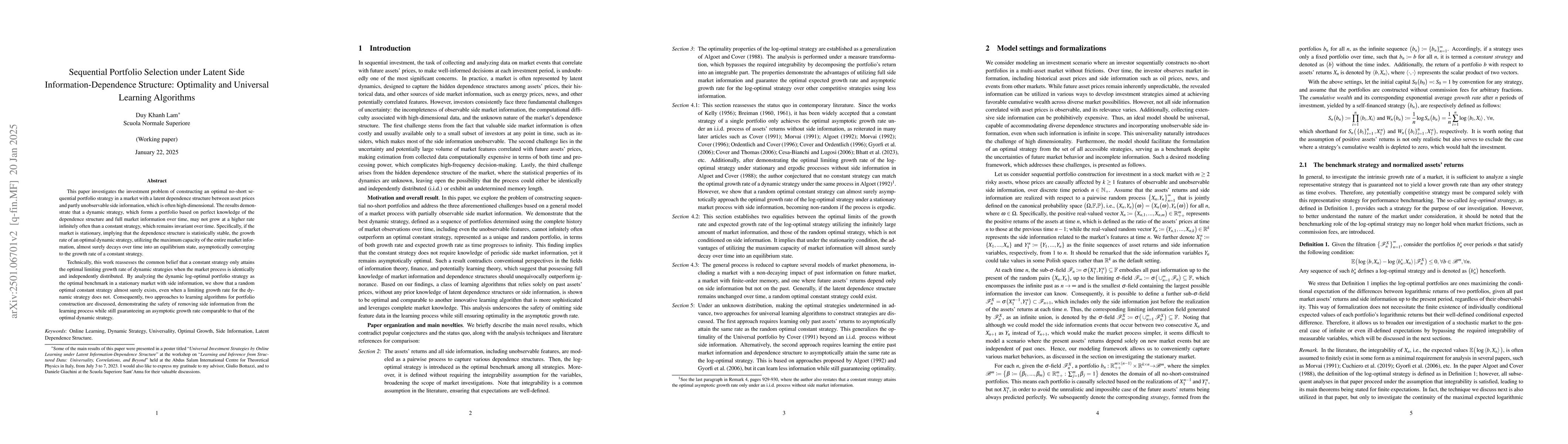 Thumbnail for Sequential Portfolio Selection under Latent Side Information-Dependence
  Structure: Optimality and Universal Learning Algorithms