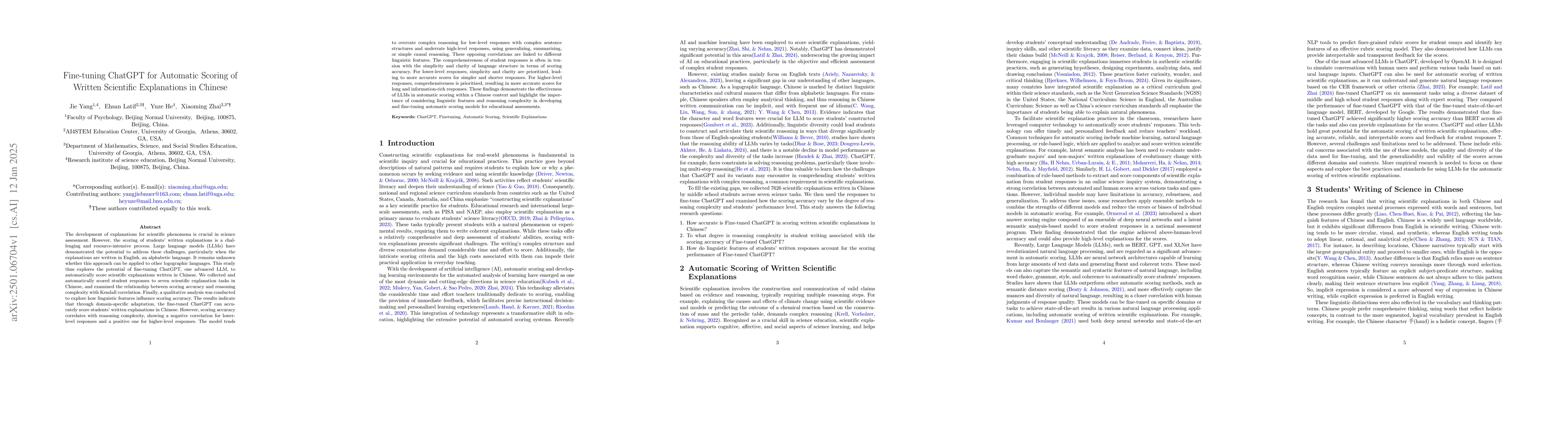Thumbnail for Fine-tuning ChatGPT for Automatic Scoring of Written Scientific
  Explanations in Chinese