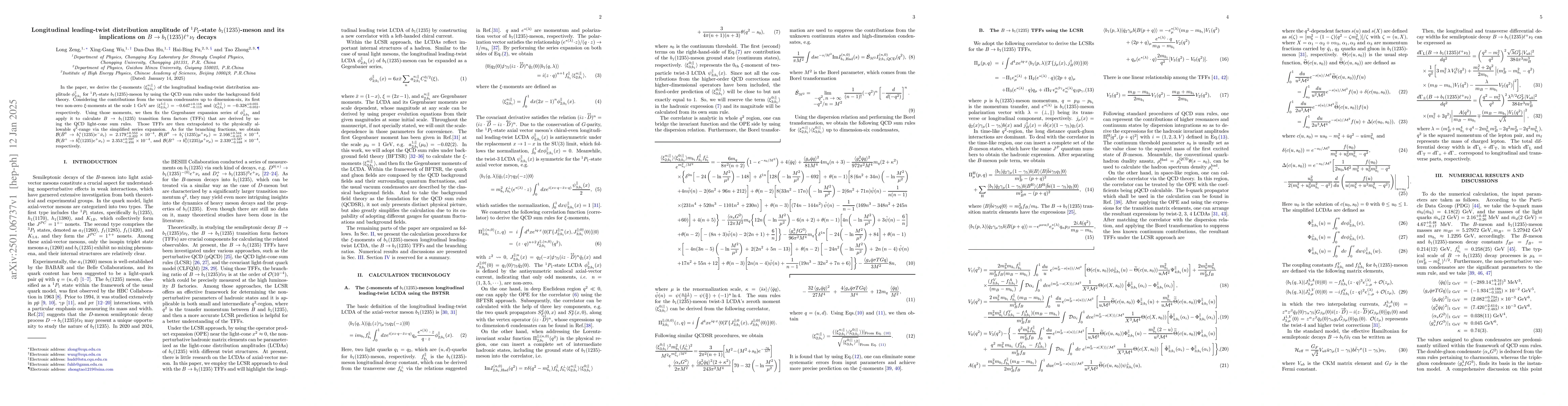 Thumbnail for Longitudinal leading-twist distribution amplitude of $^1P_1$-state
  $b_1(1235)$-meson and its implications on $B\to b_1(1235)\ell^+ν_\ell$
  decays