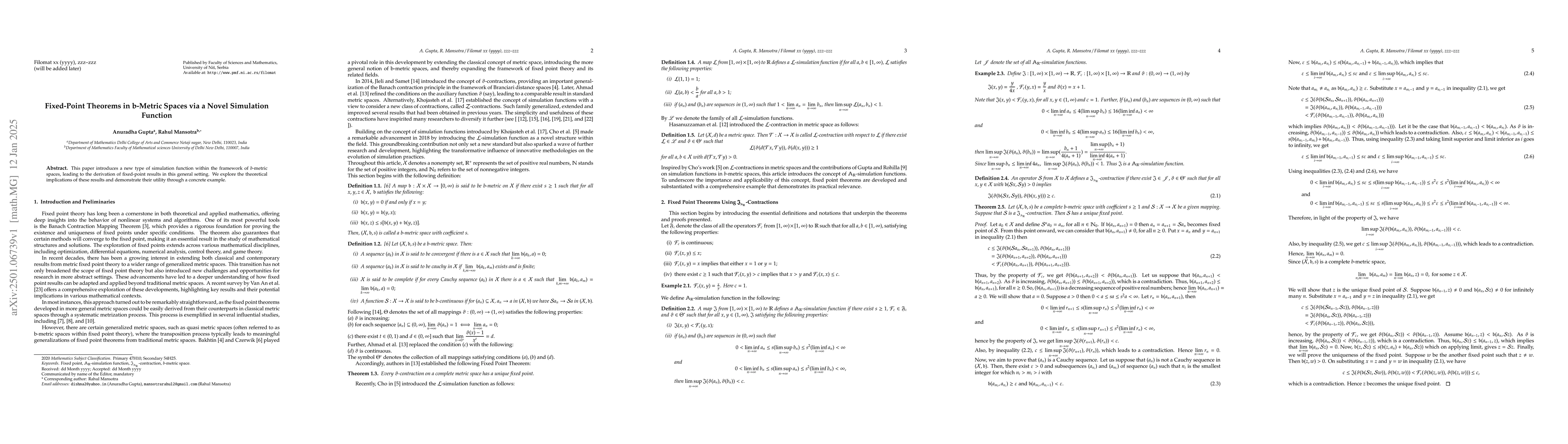 Thumbnail for Fixed-Point Theorems in $b$-Metric Spaces via a Novel Simulation
  Function