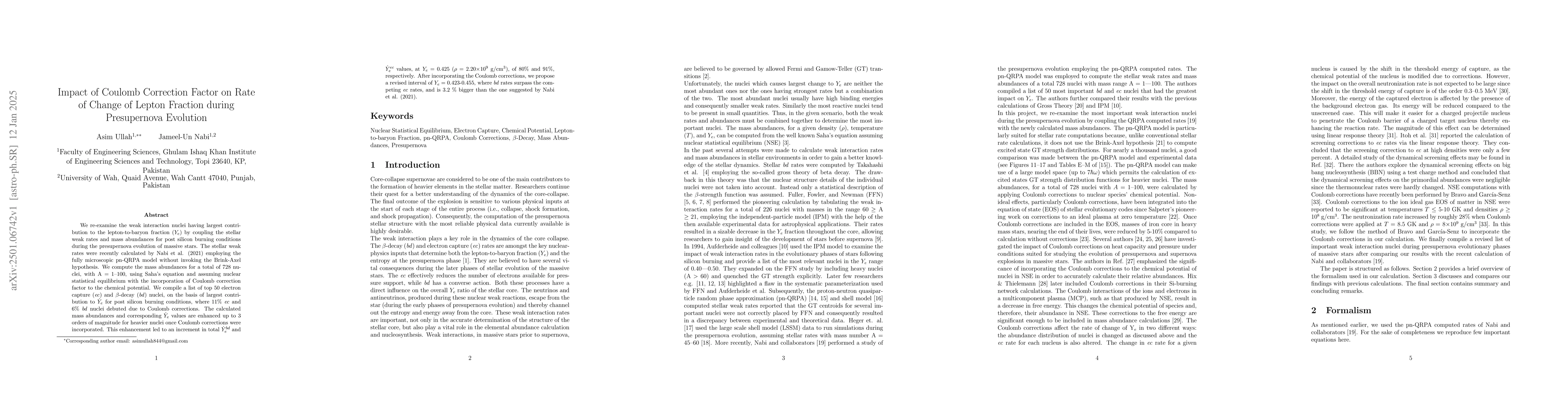 Thumbnail for Impact of Coulomb Correction Factor on Rate of Change of Lepton Fraction
  during Presupernova Evolution