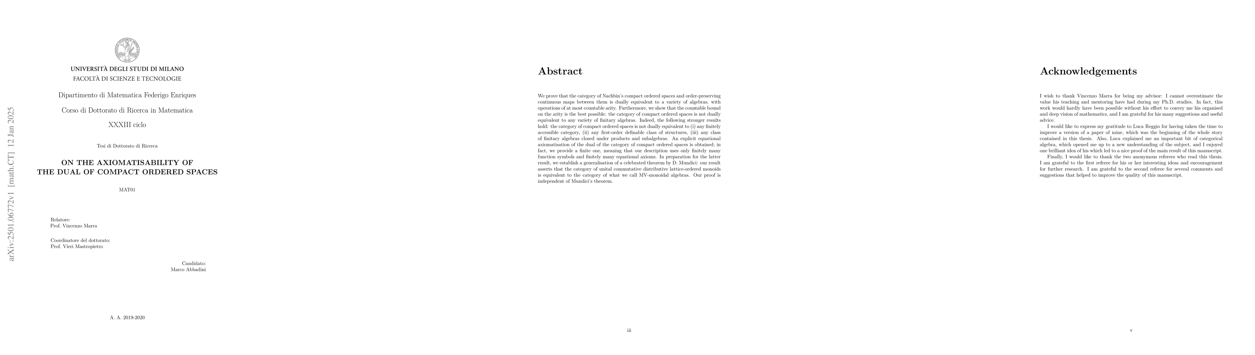 Thumbnail for On the axiomatisability of the dual of compact ordered spaces