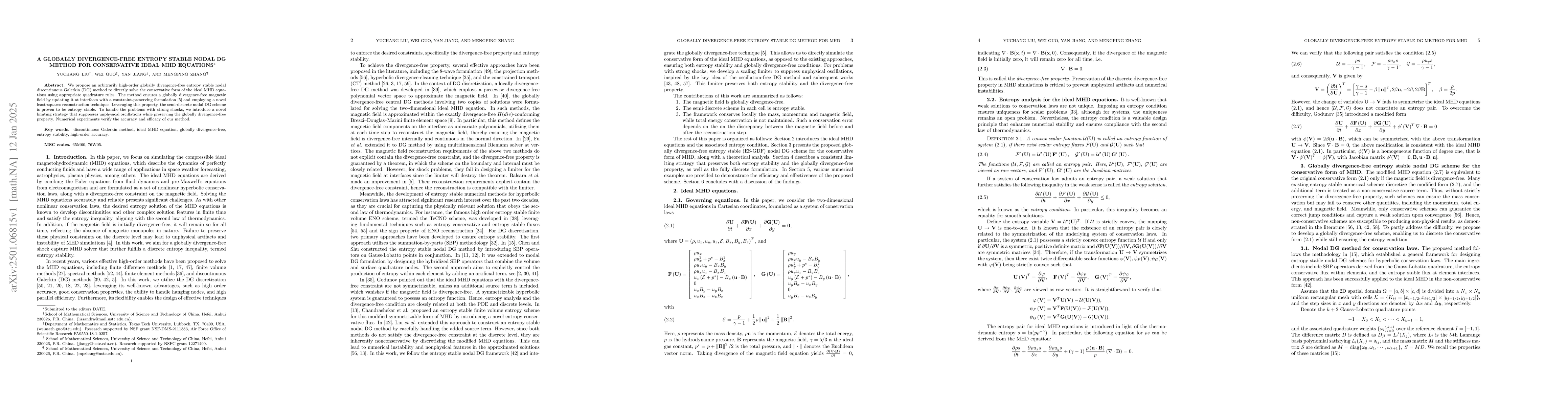Thumbnail for A globally divergence-free entropy stable nodal DG method for
  conservative ideal MHD equations