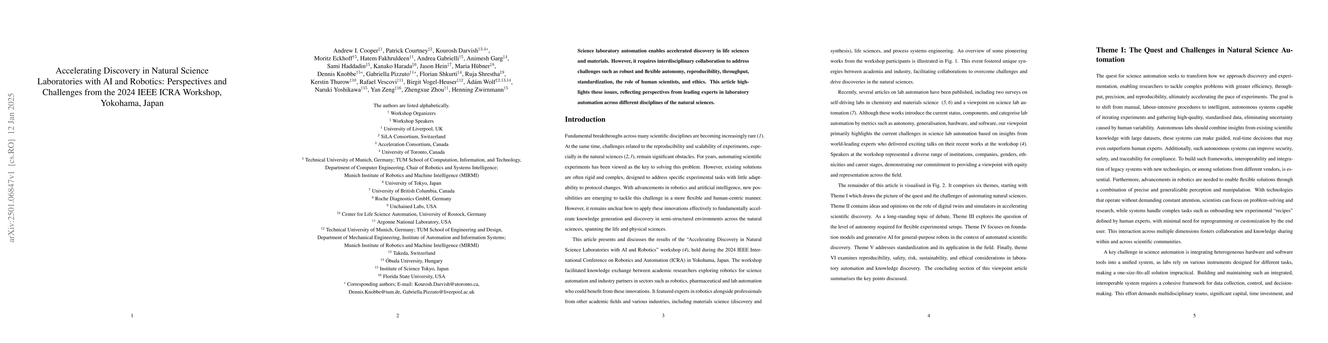 Thumbnail for Accelerating Discovery in Natural Science Laboratories with AI and
  Robotics: Perspectives and Challenges from the 2024 IEEE ICRA Workshop,
  Yokohama, Japan