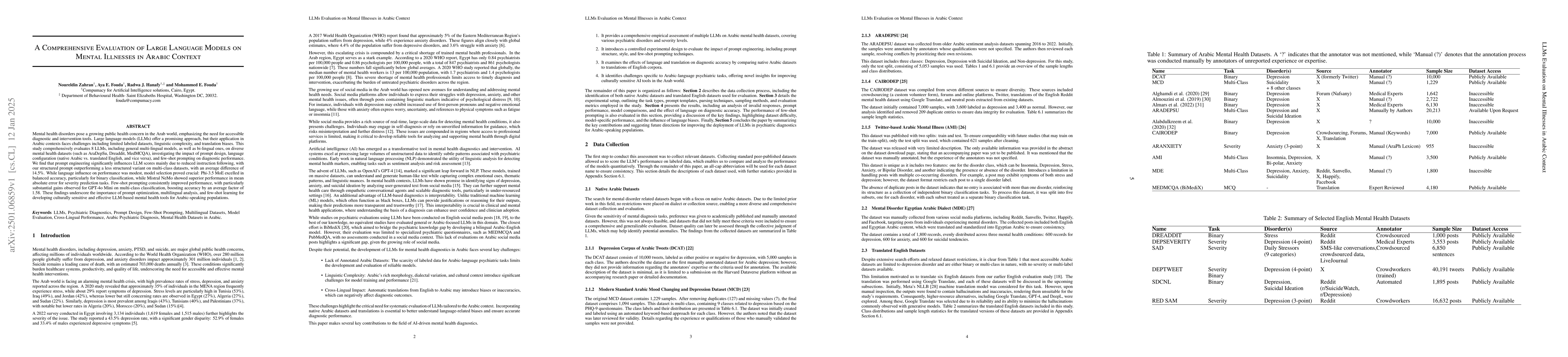 Thumbnail for A Comprehensive Evaluation of Large Language Models on Mental Illnesses
  in Arabic Context