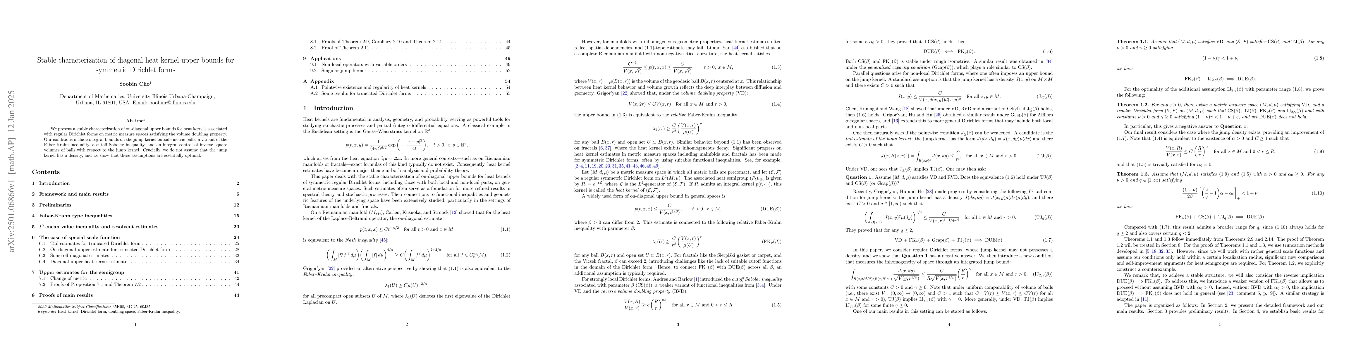 Thumbnail for Stable characterization of diagonal heat kernel upper bounds for
  symmetric Dirichlet forms