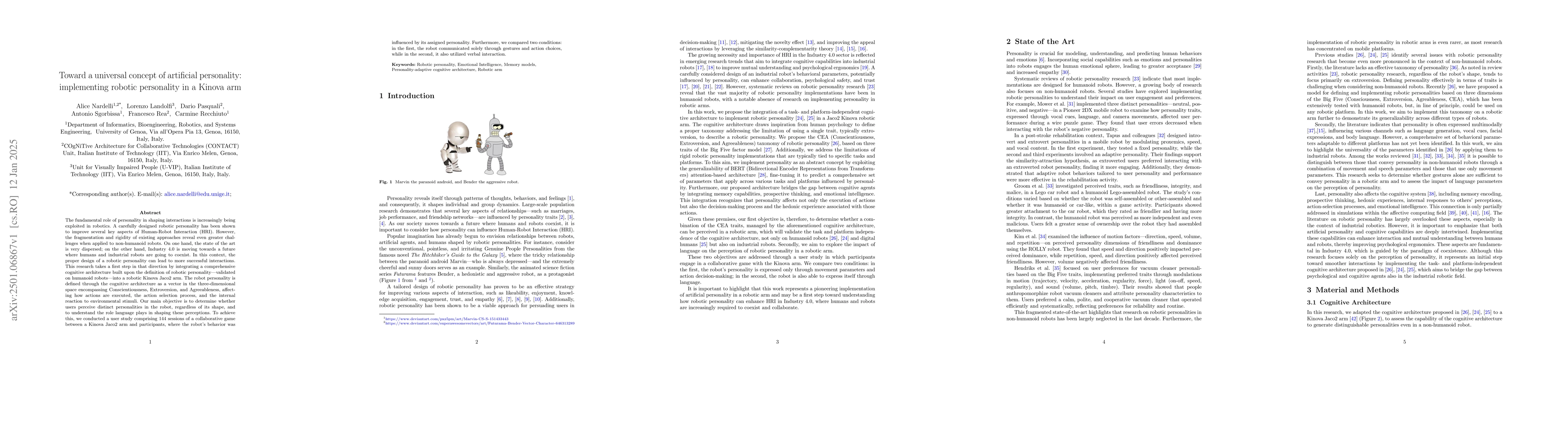 Thumbnail for Toward a Universal Concept of Artificial Personality: Implementing
  Robotic Personality in a Kinova Arm
