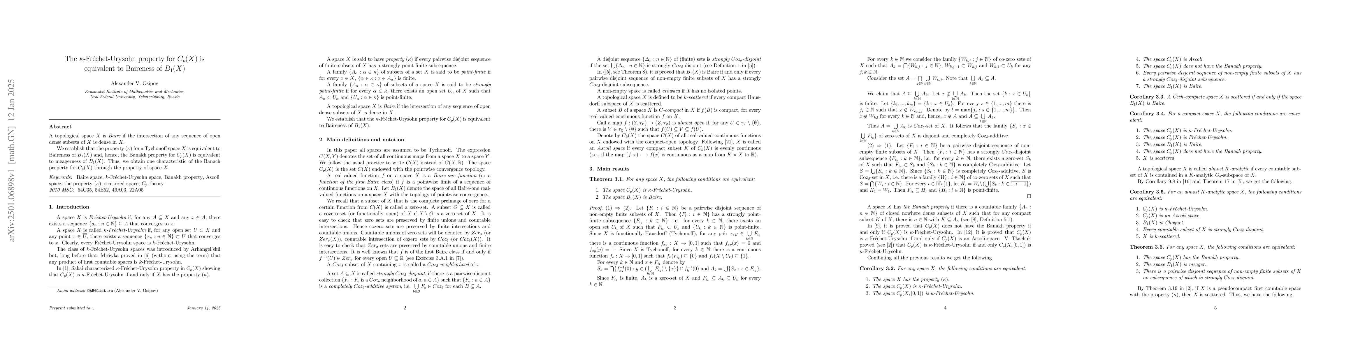 Thumbnail for The $κ$-Fréchet-Urysohn property for $C_p(X)$ is equivalent to
  Baireness of $B_1(X)$
