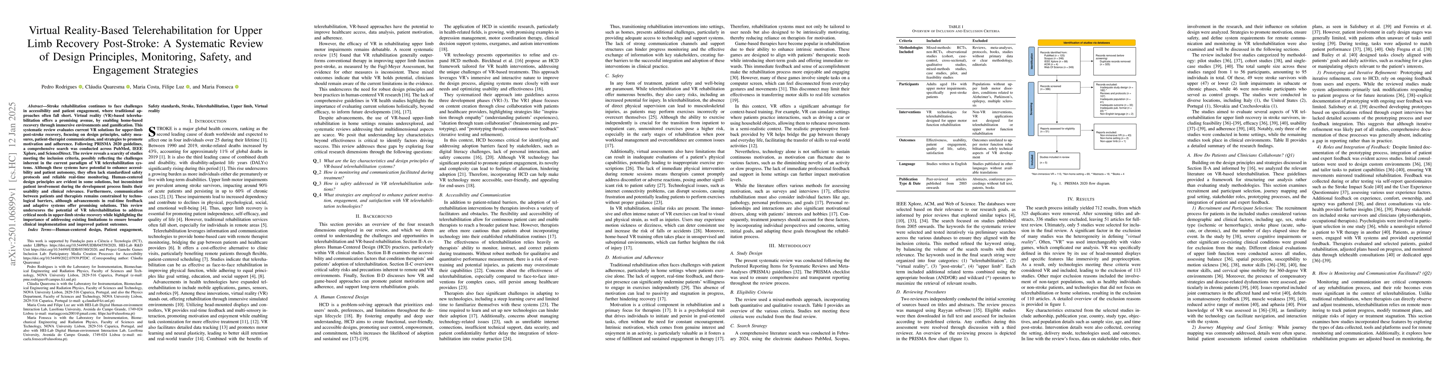 Thumbnail for Virtual Reality-Based Telerehabilitation for Upper Limb Recovery
  Post-Stroke: A Systematic Review of Design Principles, Monitoring, Safety,
  and Engagement Strategies