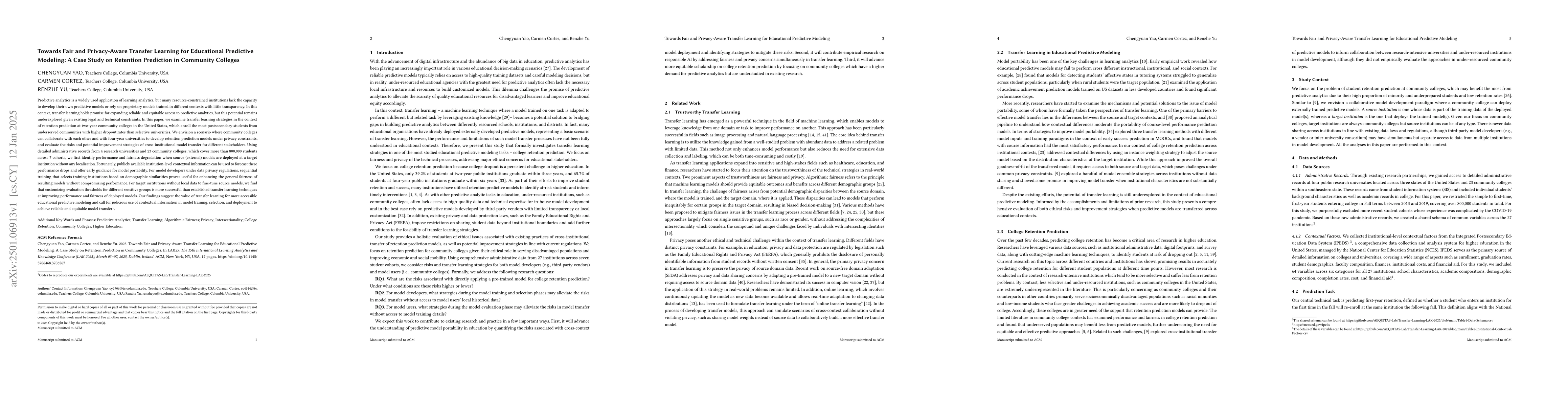 Thumbnail for Towards Fair and Privacy-Aware Transfer Learning for Educational
  Predictive Modeling: A Case Study on Retention Prediction in Community
  Colleges