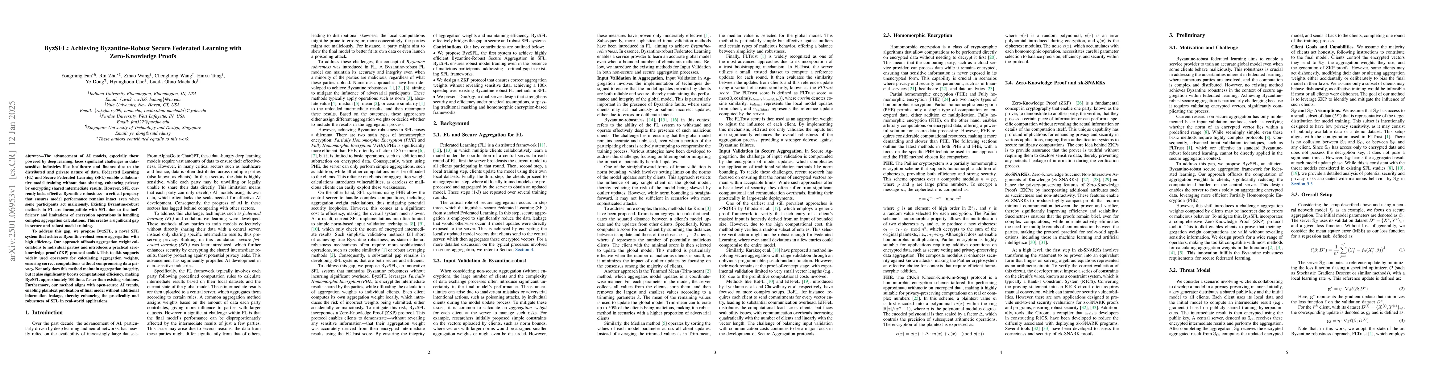 Thumbnail for ByzSFL: Achieving Byzantine-Robust Secure Federated Learning with
  Zero-Knowledge Proofs