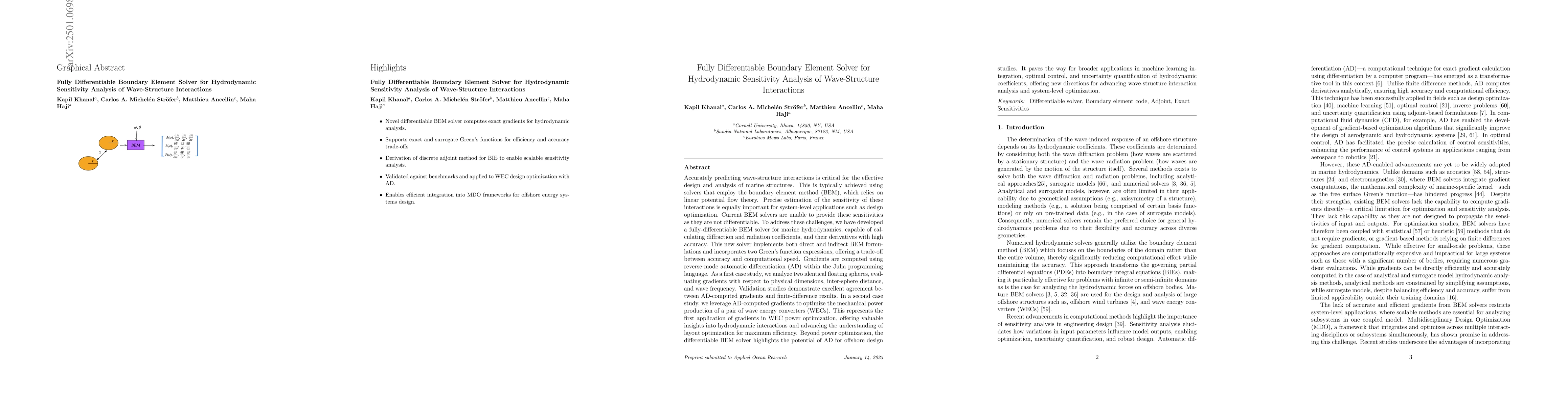 Thumbnail for Fully Differentiable Boundary Element Solver for Hydrodynamic
  Sensitivity Analysis of Wave-Structure Interactions
