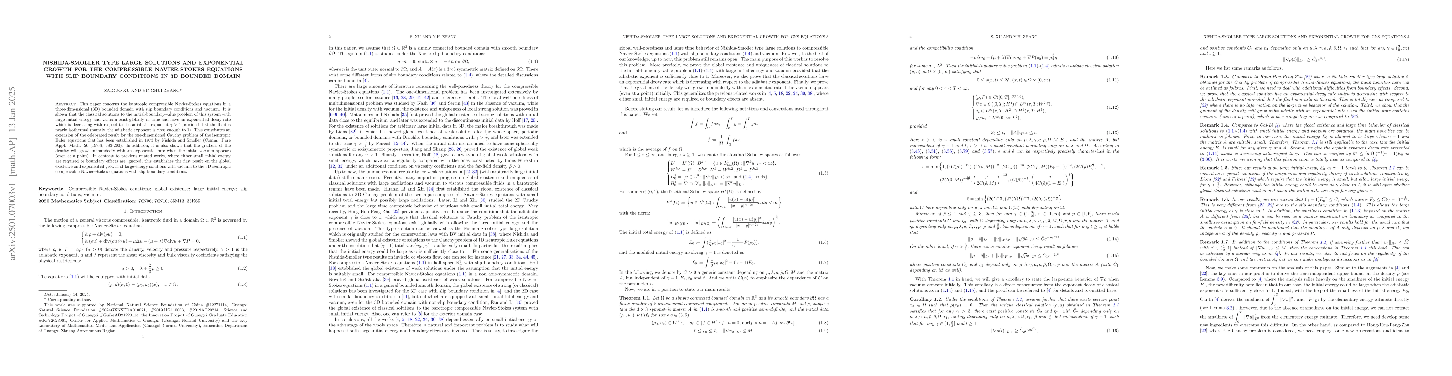 Thumbnail for Nishida-Smoller type large solutions and exponential growth for the
  compressible Navier-Stokes equations with slip boundary conditions in 3D
  bounded domain