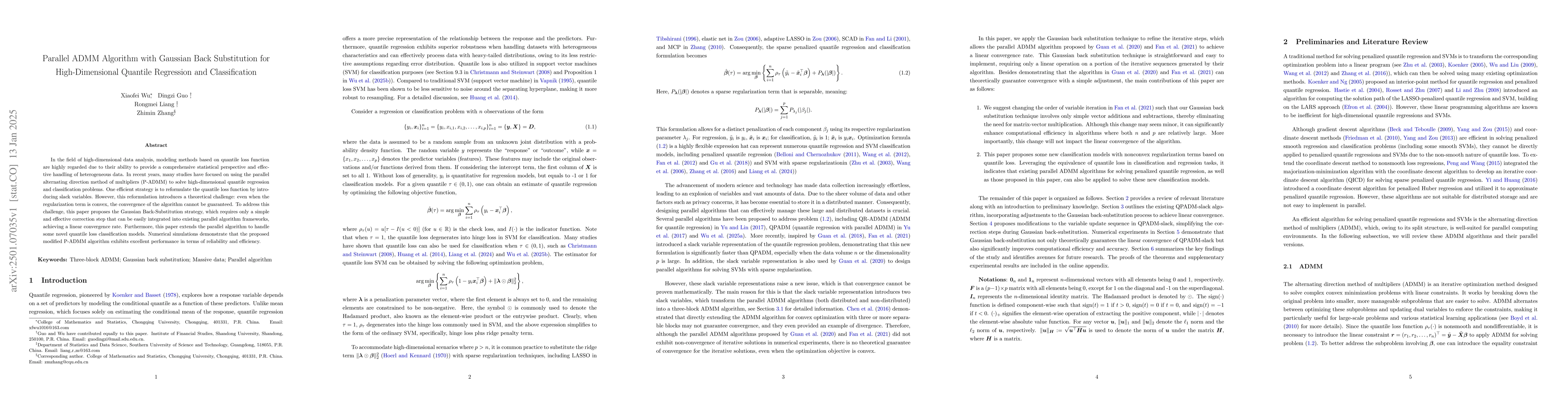Thumbnail for Parallel ADMM Algorithm with Gaussian Back Substitution for
  High-Dimensional Quantile Regression and Classification