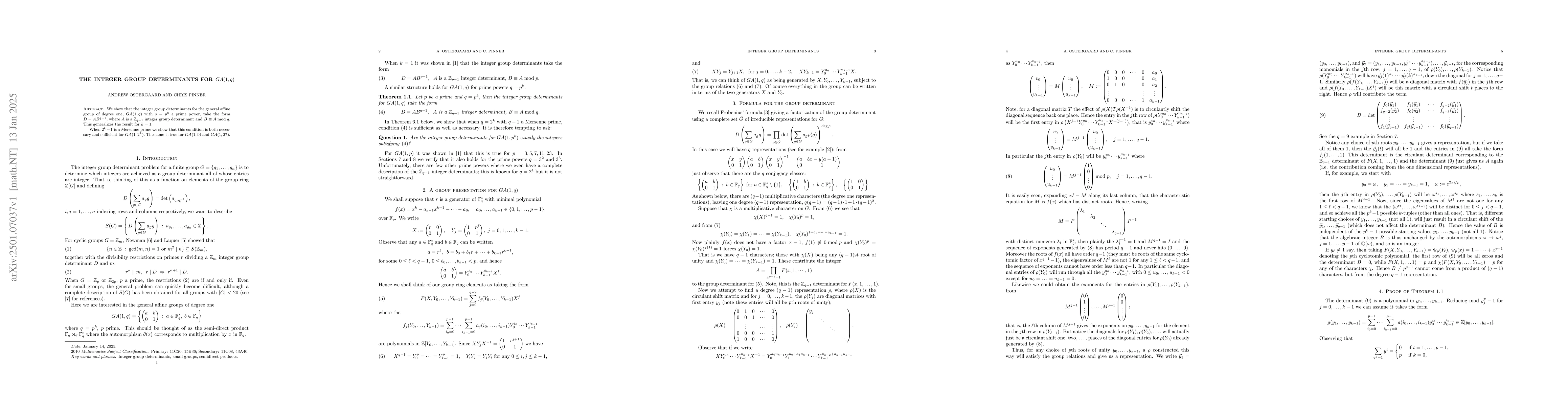 Thumbnail for The integer group determinants for $GA(1,q)$