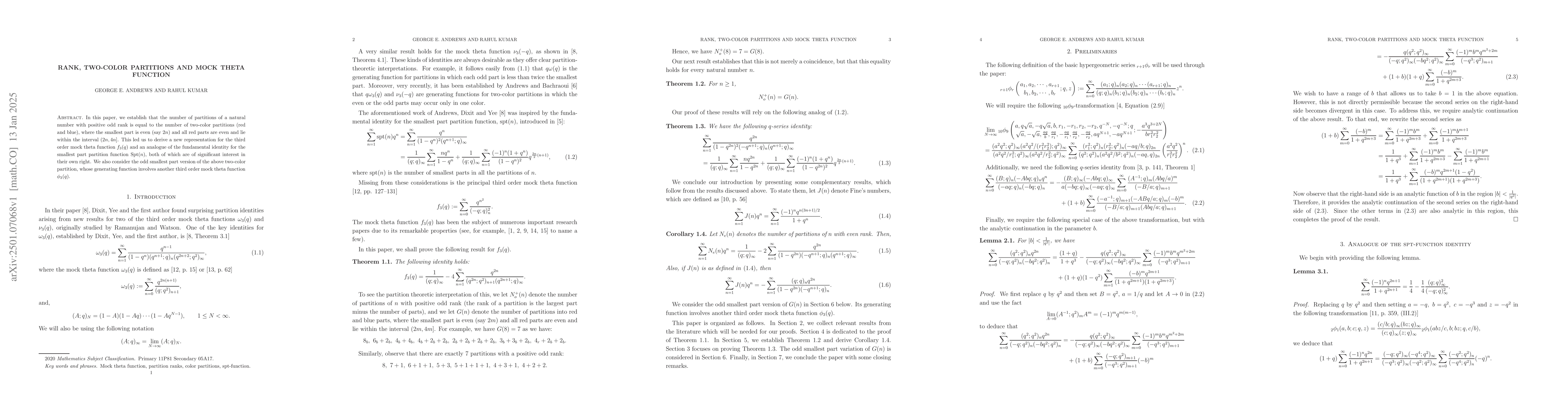 Thumbnail for Rank, two-color partitions and Mock theta function