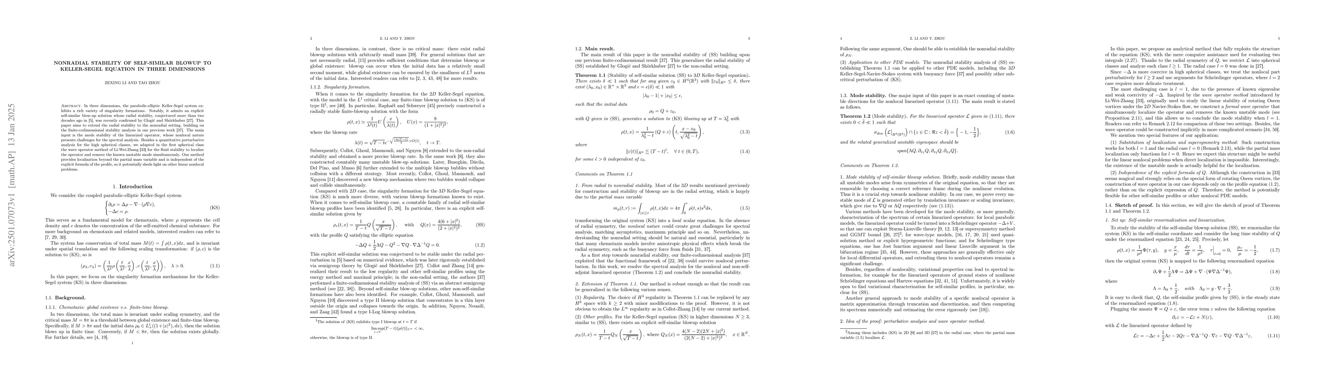 Thumbnail for Nonradial stability of self-similar blowup to Keller-Segel equation in
  three dimensions