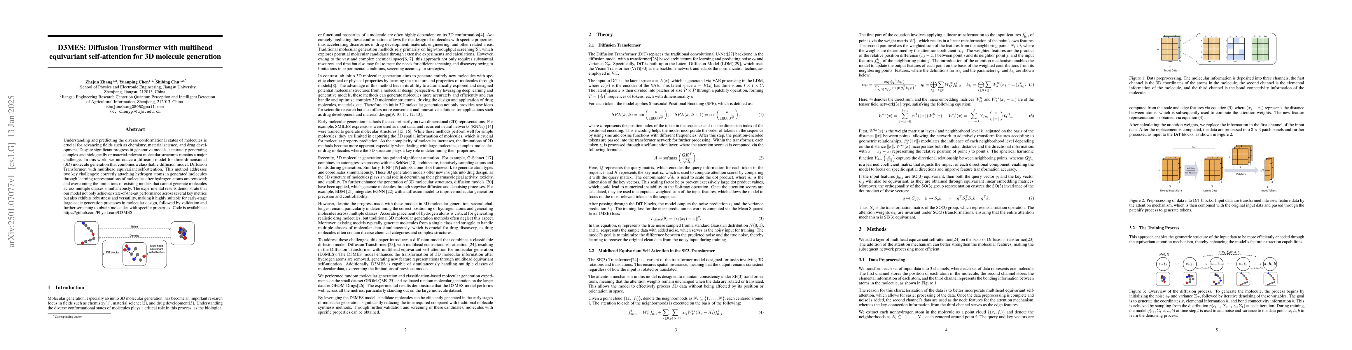 Thumbnail for D3MES: Diffusion Transformer with multihead equivariant self-attention
  for 3D molecule generation