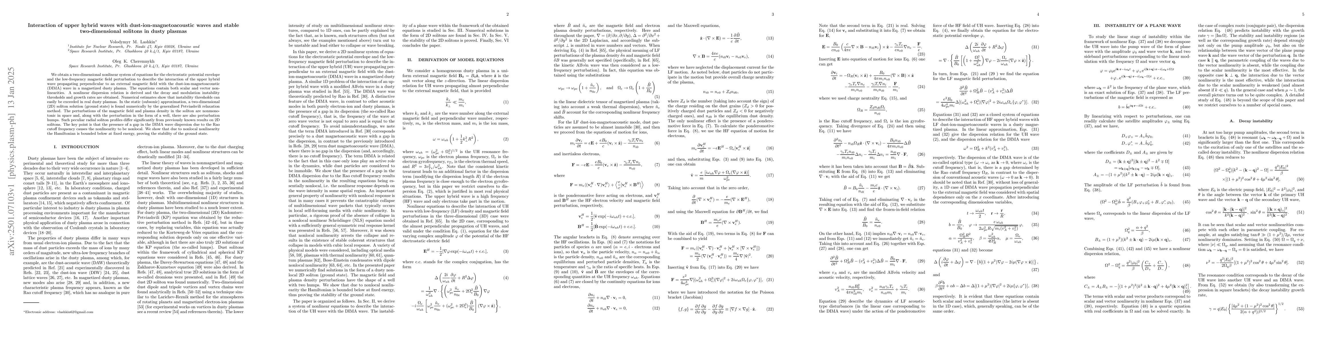Thumbnail for Interaction of upper hybrid waves with dust-ion-magnetoacoustic waves
  and stable two-dimensional solitons in dusty plasmas
