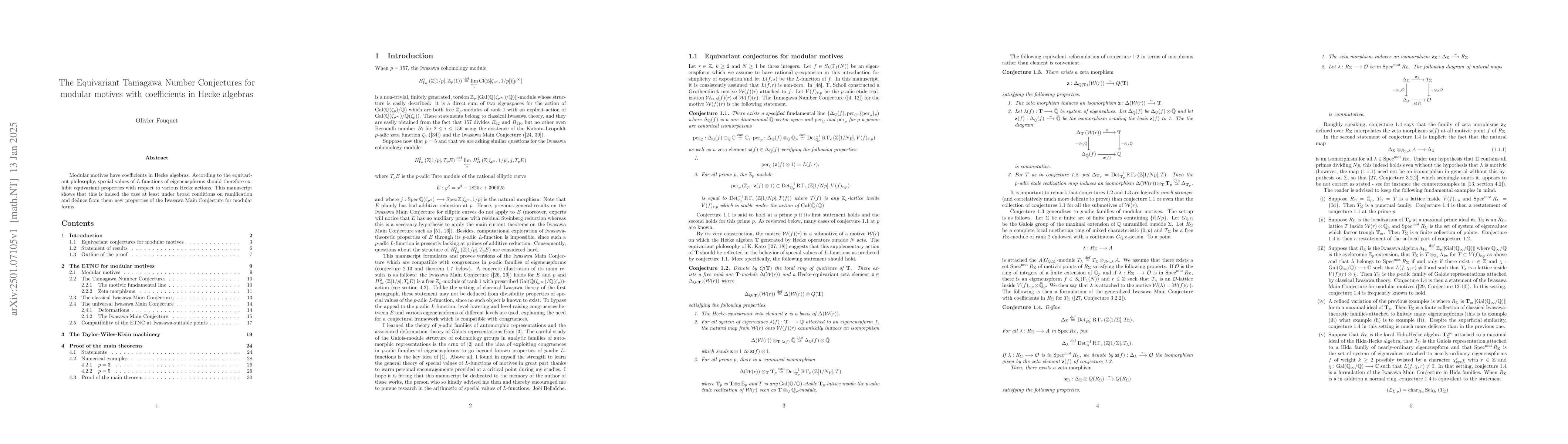 Thumbnail for The Equivariant Tamagawa Number Conjectures for modular motives with
  coefficients in Hecke algebra