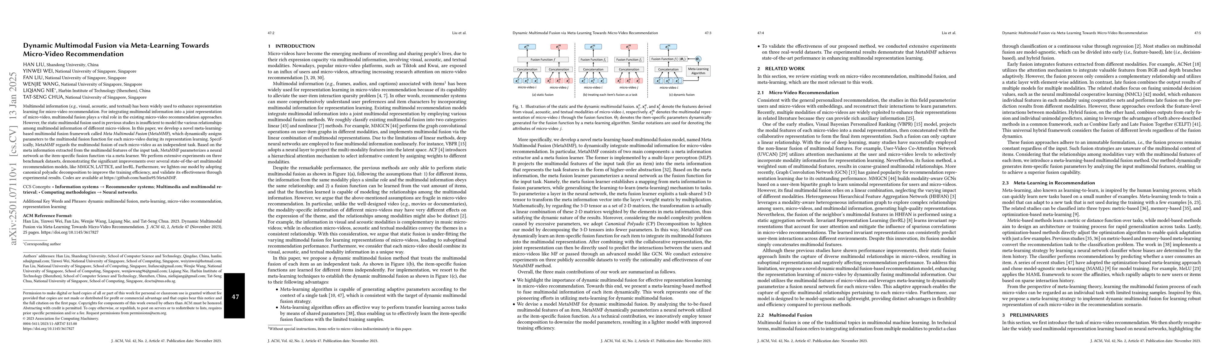 Thumbnail for Dynamic Multimodal Fusion via Meta-Learning Towards Micro-Video
  Recommendation