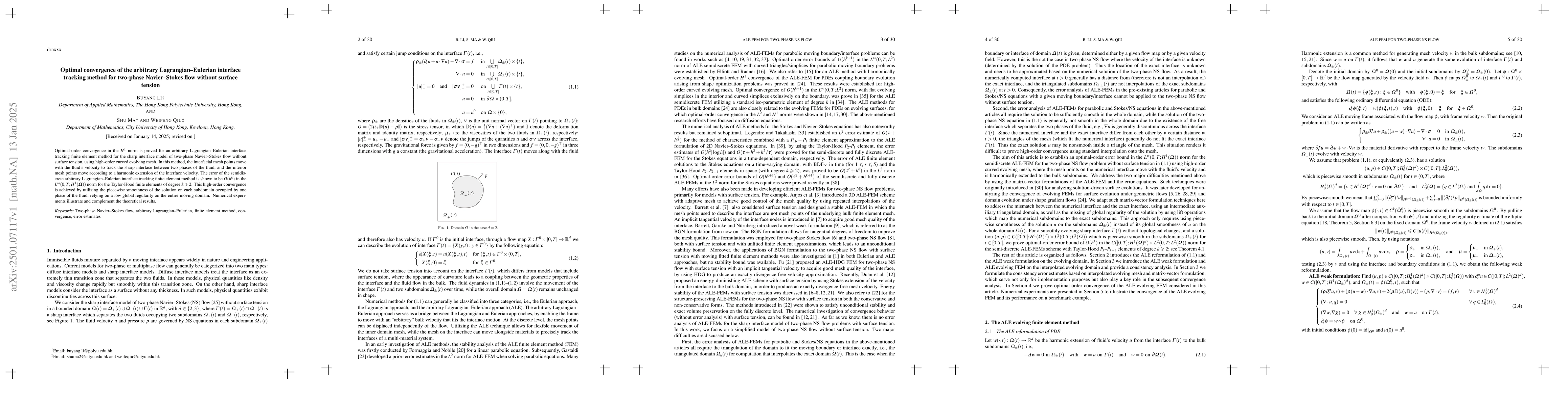 Thumbnail for Optimal convergence of the arbitrary Lagrangian-Eulerian interface
  tracking method for two-phase Navier--Stokes flow without surface tension
