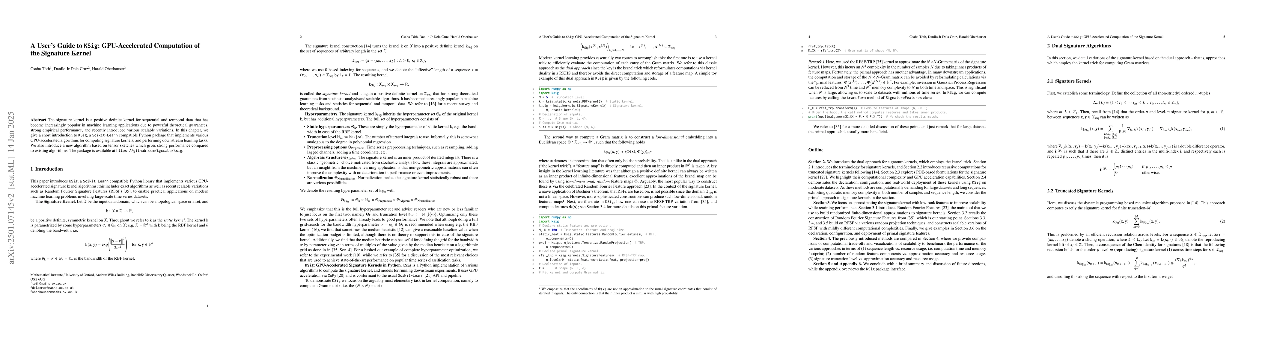 Thumbnail for A User's Guide to $\texttt{KSig}$: GPU-Accelerated Computation of the
  Signature Kernel