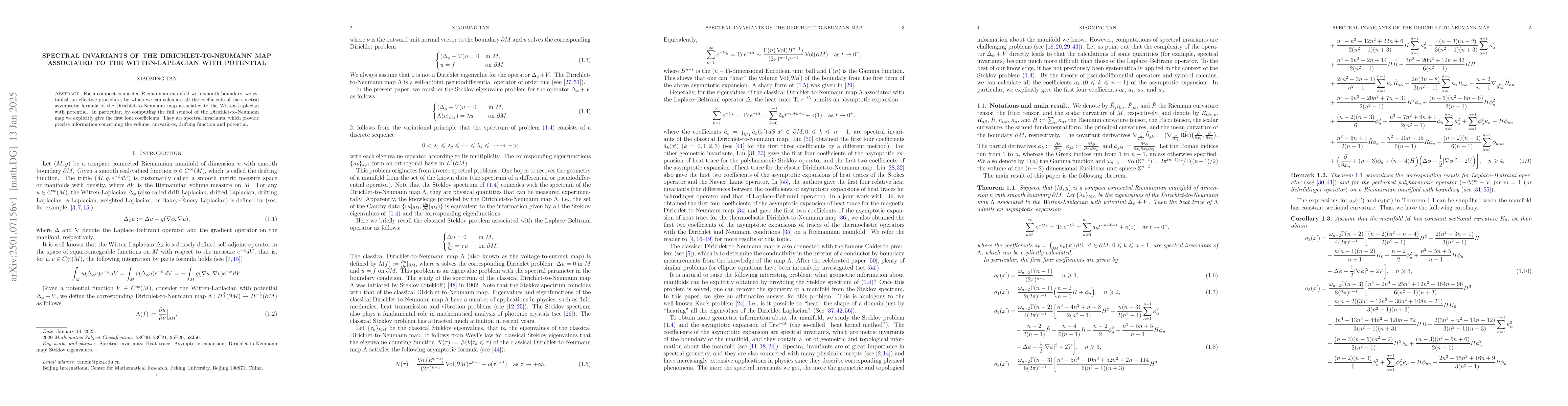 Thumbnail for Spectral invariants of the Dirichlet-to-Neumann map associated to the
  Witten-Laplacian with potential
