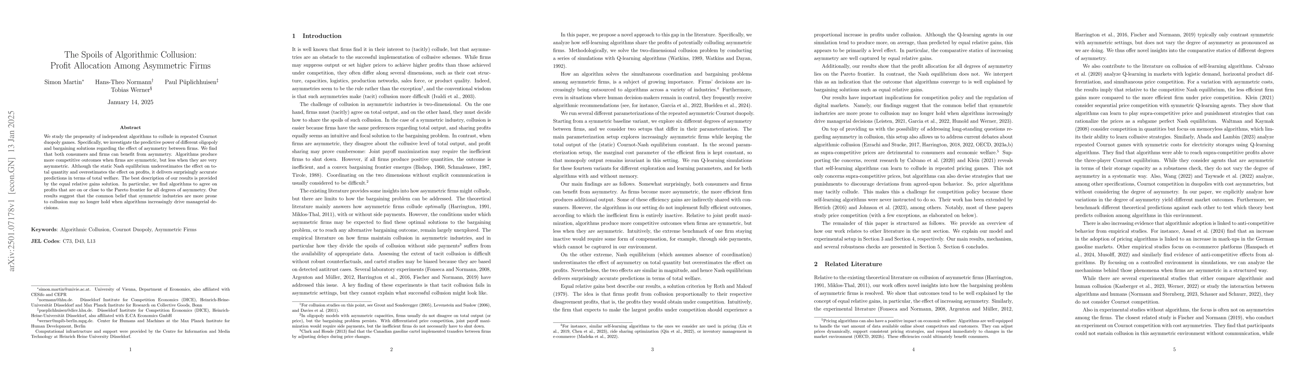 Thumbnail for The Spoils of Algorithmic Collusion: Profit Allocation Among Asymmetric
  Firms
