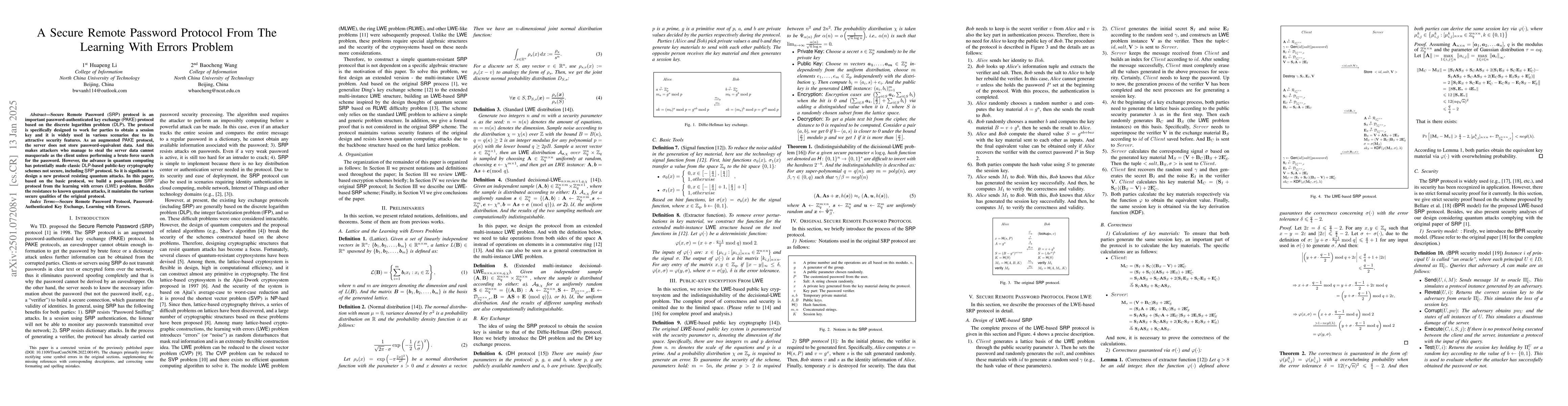Thumbnail for A Secure Remote Password Protocol From The Learning With Errors Problem