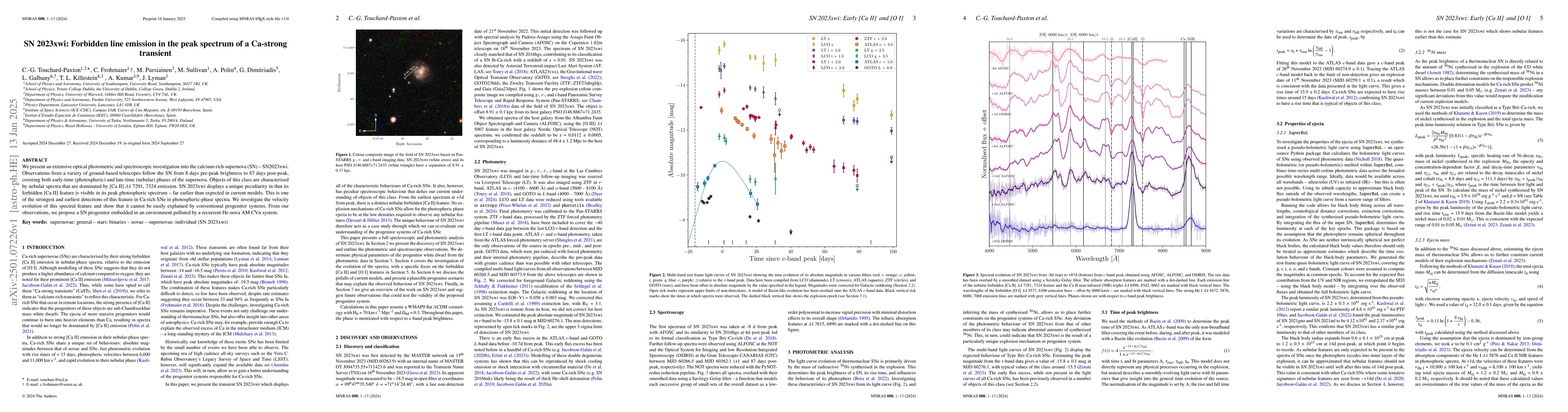 Thumbnail for SN 2023xwi: Forbidden line emission in the peak spectrum of a Ca-strong
  transient