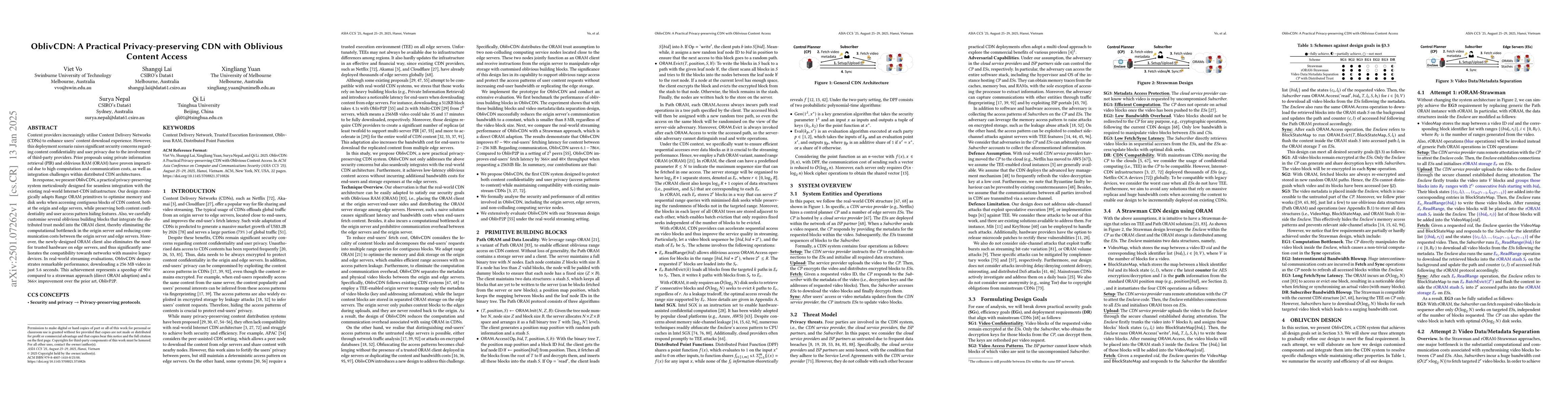 Thumbnail for OblivCDN: A Practical Privacy-preserving CDN with Oblivious Content
  Access