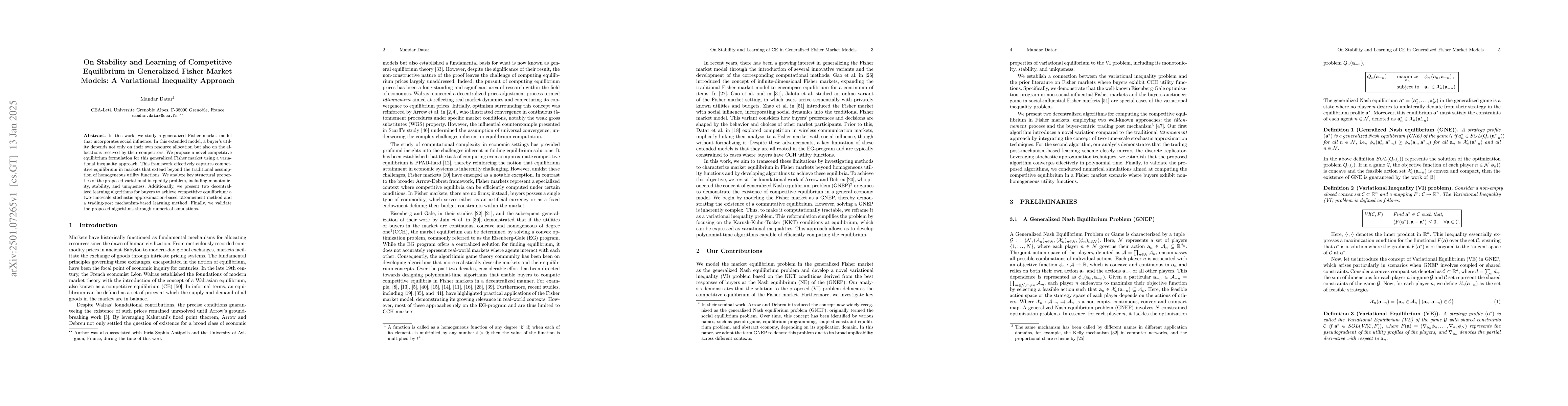 Thumbnail for On Stability and Learning of Competitive Equilibrium in Generalized
  Fisher Market Models: A Variational Inequality Approach