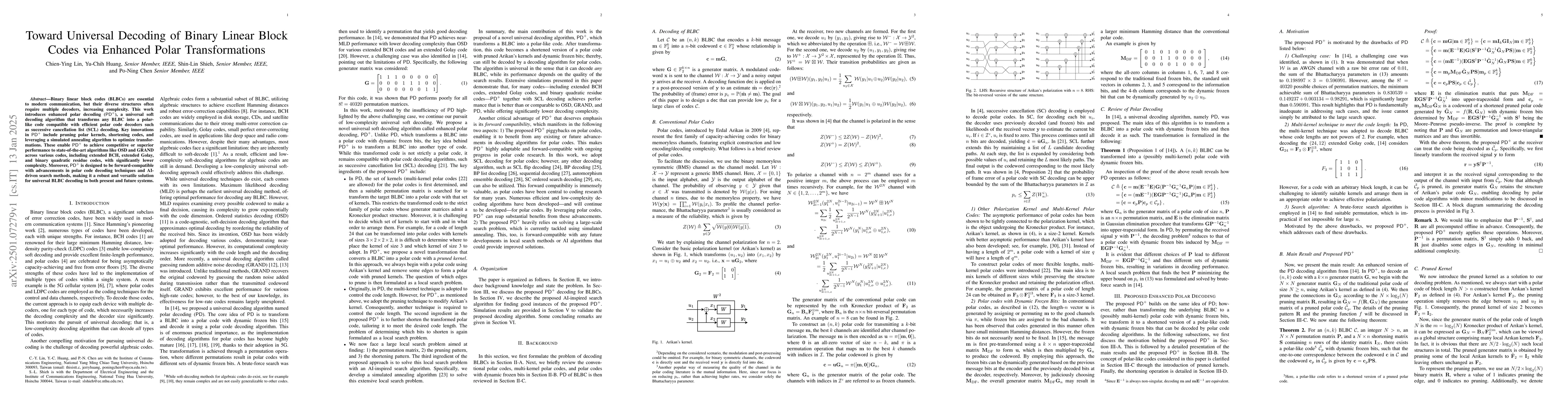 Thumbnail for Toward Universal Decoding of Binary Linear Block Codes via Enhanced
  Polar Transformations