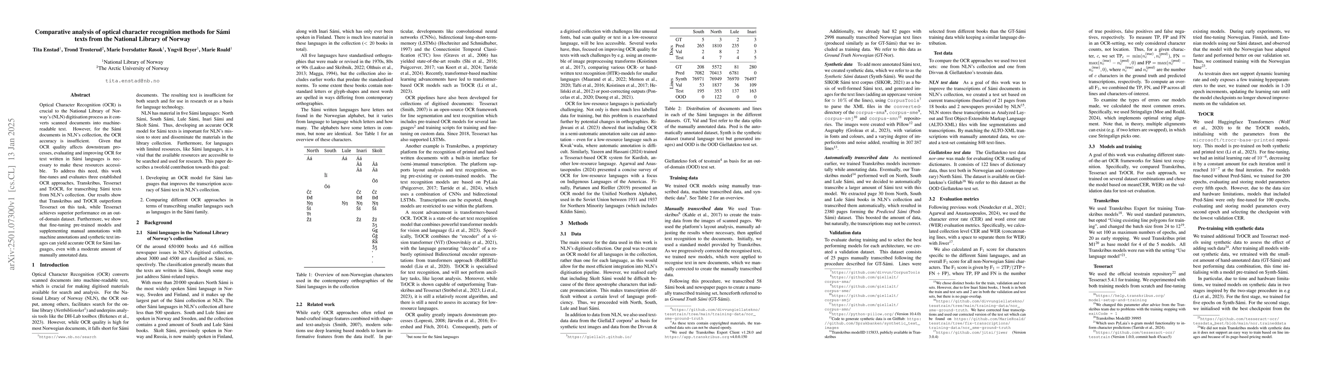 Thumbnail for Comparative analysis of optical character recognition methods for Sámi
  texts from the National Library of Norway
