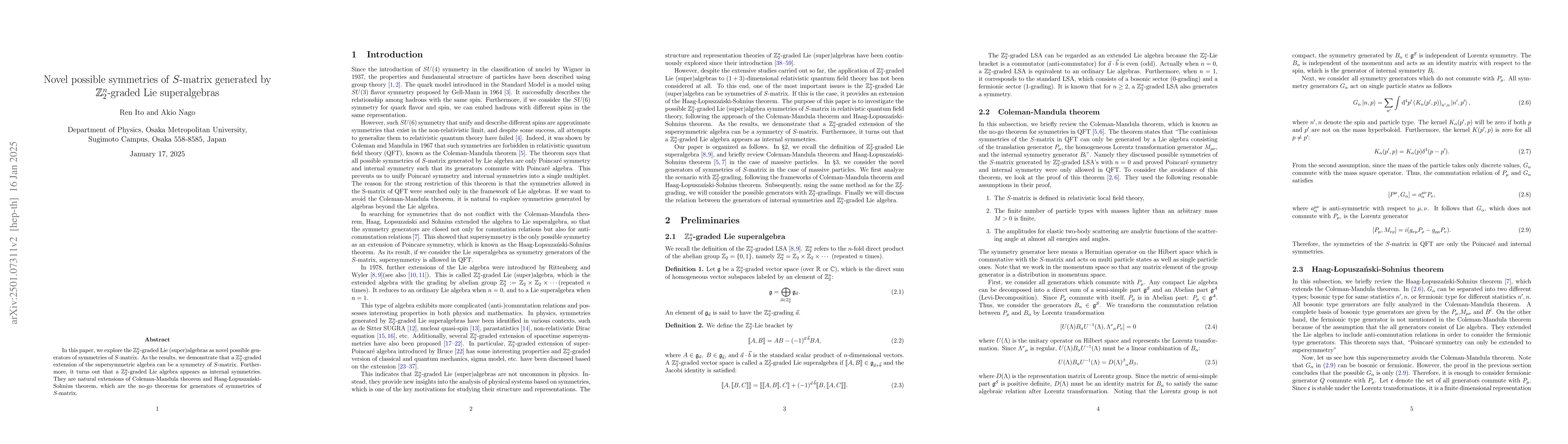Thumbnail for Novel possible symmetries of $S$-matrix generated by
  $\mathbb{Z}_2^n$-graded Lie superalgebras