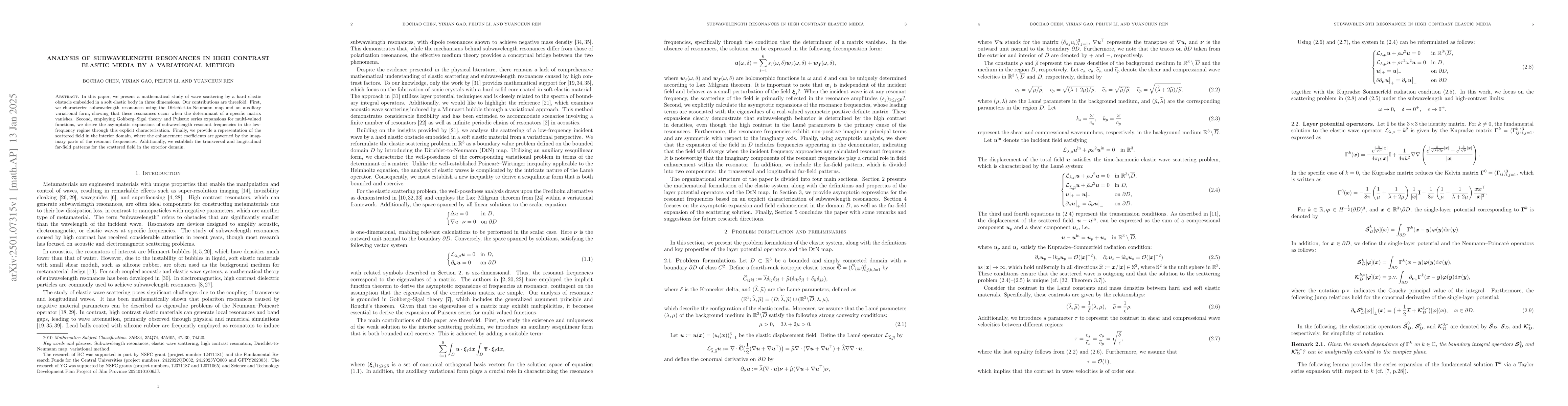 Thumbnail for Analysis of subwavelength resonances in high contrast elastic media by a
  variational method