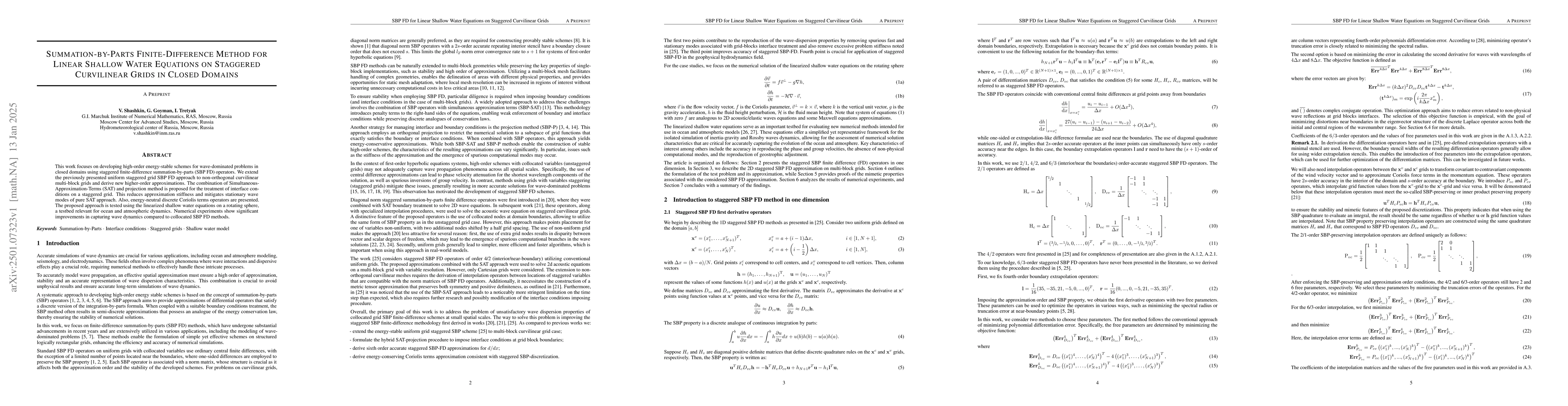 Thumbnail for Summation-by-Parts Finite-Difference Method for Linear Shallow Water
  Equations on Staggered Curvilinear Grids in Closed Domains